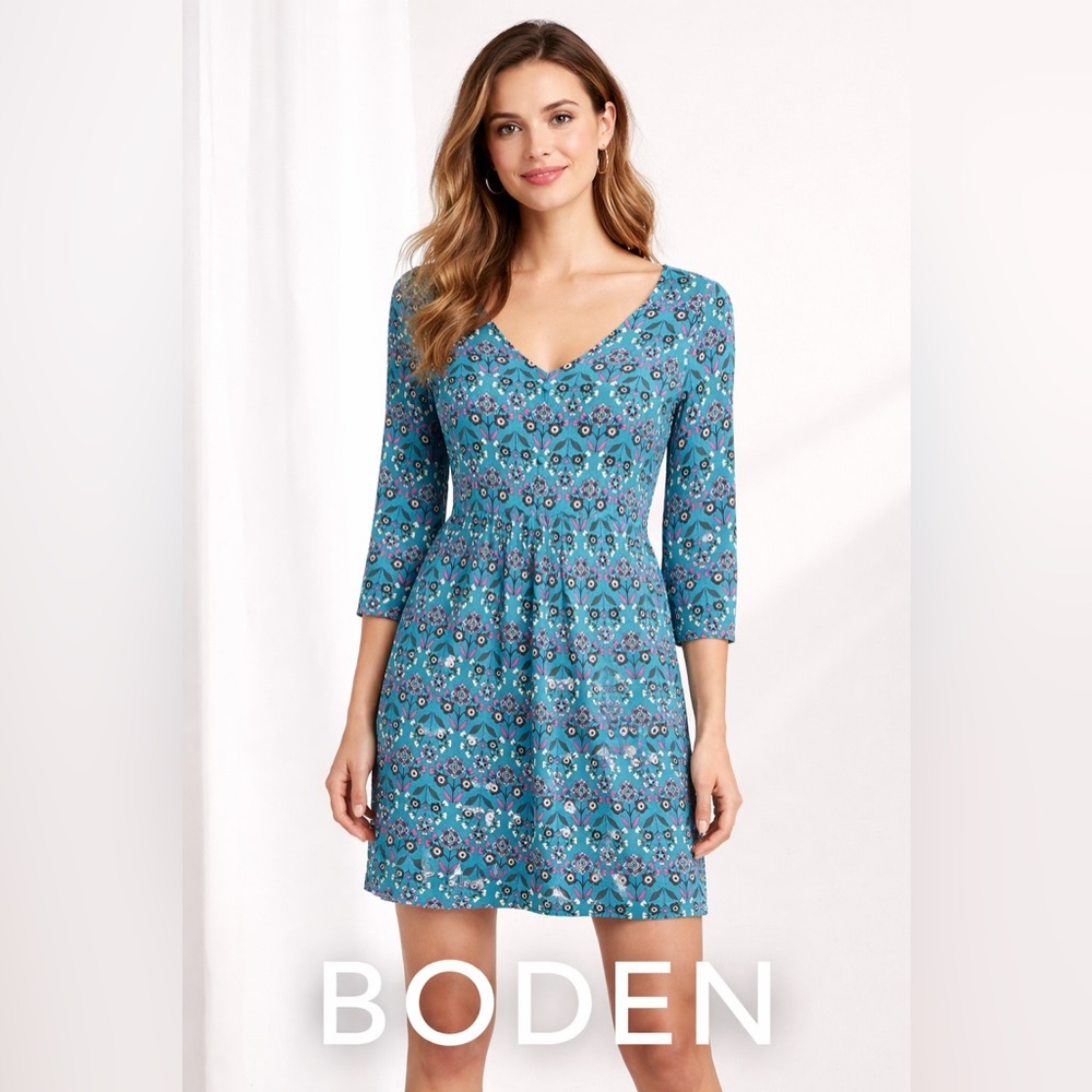 Boden Turquoise Floral Jersey Knit Mini Dress | Bell Sleeves | Women’s 4R
